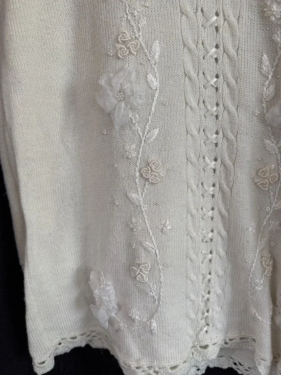 Vintage 80s/90s Koret Ivory Sweater 3D Floral Pearl Bead Embroidery Sz M - Picture 4 of 12